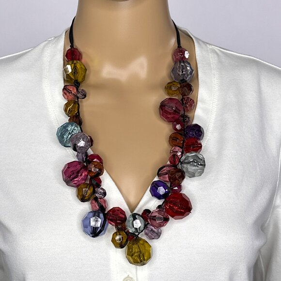 Multicolor Faux Gems Necklace Black Satin Ribbon‎ Tie In The Back - Picture 5 of 13